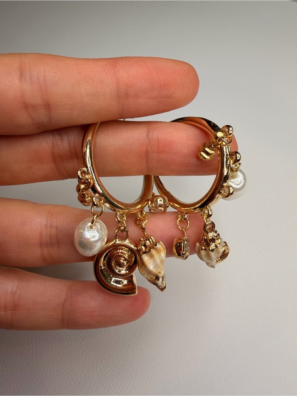 Gold Hoop Earrings with Pearl & Shell Charms